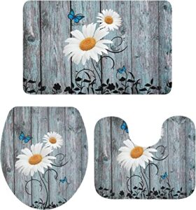apular fashion 3 piece bath rugs set rustic floral yellow daisy butterfly on rustic blue wooden non slip ultra soft bathroom accessories mats, u shape mat and toilet lid cover mat bath mats