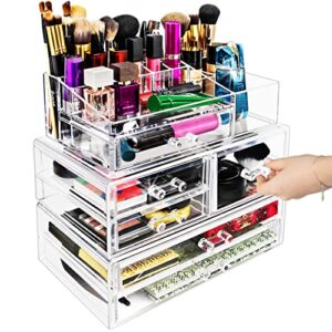 sorbus huge acrylic makeup organizer - extra large makeup case & display - stackable 3 piece cosmetic organizers and storage set with acrylic drawers - great vanity, dresser & bathroom organizer