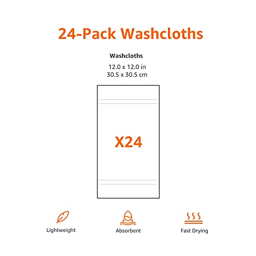 Amazon Basics Fast Drying, Extra Absorbent, Terry Cotton Washcloths - Pack of 24, White, 12 x 12-Inch