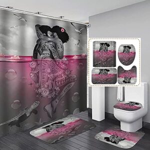 4pcs african american shower curtain with non-slip rugs,bath mat and toilet lid cover,waterproof polyester fabric black shower curtain sets with 12 hooks,cool typeface pattern bath curtains for man