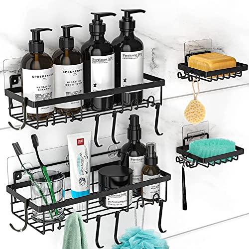 TOSHISON Shower Caddy Basket Shelf, 4-Pack Shower Shelf with 8 Hooks, Adhesive Bathroom Storage Organizer for Bathroom, Kitchen (Black)