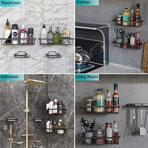 TOSHISON Shower Caddy Basket Shelf, 4-Pack Shower Shelf with 8 Hooks, Adhesive Bathroom Storage Organizer for Bathroom, Kitchen (Black)