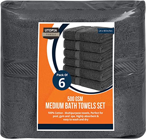 Utopia Towels [6 Pack] Bath Towel Set, 100% Ring Spun Cotton (24 x 48 Inches) Medium Lightweight and Highly Absorbent Quick Drying , Premium Towels for Hotel, Spa and Bathroom (Grey)