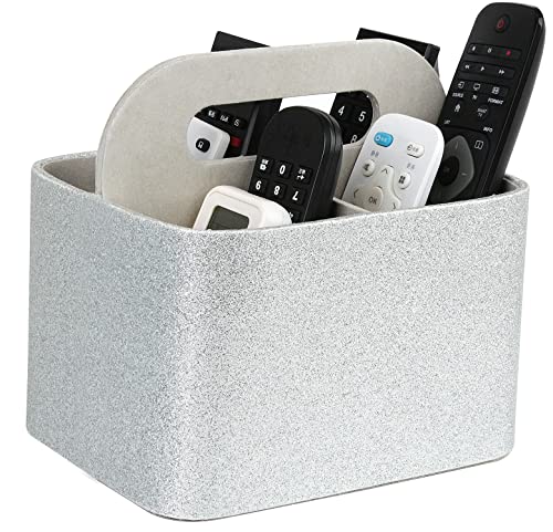 HofferRuffer Faux Leather Basket Tote Bin Caddy, Remote Control Holder, Portable Skincare Makeup Storage Organizer Caddy Tote with Handle, 7.3 x 5.5 x 6.7 inches (Silver)