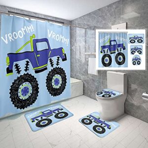 svnthqp 4 piece monster truck waterproof fabric bathroom sets with non-slip rugs, toilet lid cover and bath mat, waterproof shower curtain with standard size