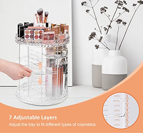 DreamGenius Makeup Organizer, 360 Degree Rotating Cosmetic Storage Organizer, 7-Layer Adjustable Makeup Display Case, Fits Jewelry Makeup Brushes and Lipsticks, Clear Acrylic