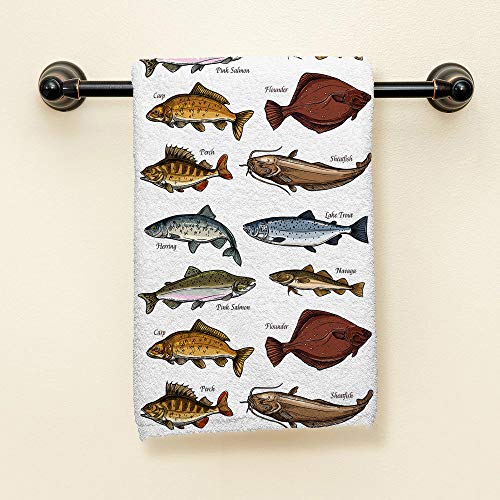 HGOD DESIGNS Fish Hand Towels,Fresh Fish and Seafood Animals 100% Cotton Soft Bath Hand Towels for Bathroom Kitchen Hotel Spa Hand Towels 15"X30"