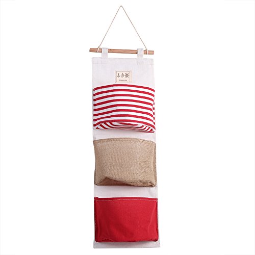 Hztyyier 3 Pockets Linen Storage Bag Hanging Door Closet Organizer Decoration for Room(Red)