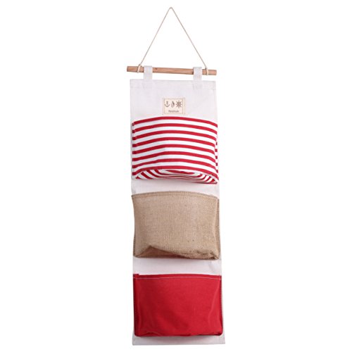 Hztyyier 3 Pockets Linen Storage Bag Hanging Door Closet Organizer Decoration for Room(Red)