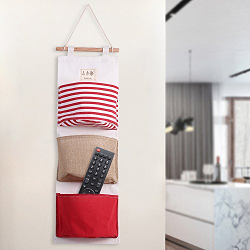 Hztyyier 3 Pockets Linen Storage Bag Hanging Door Closet Organizer Decoration for Room(Red)