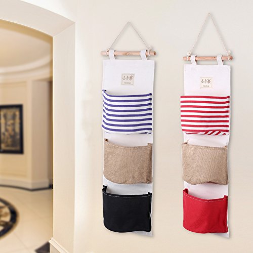 Hztyyier 3 Pockets Linen Storage Bag Hanging Door Closet Organizer Decoration for Room(Red)