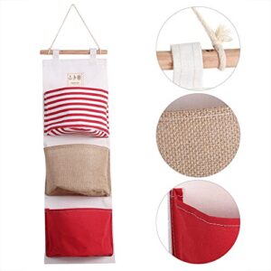 Hztyyier 3 Pockets Linen Storage Bag Hanging Door Closet Organizer Decoration for Room(Red)