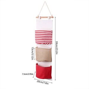 Hztyyier 3 Pockets Linen Storage Bag Hanging Door Closet Organizer Decoration for Room(Red)