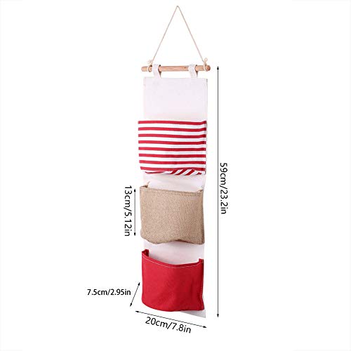 Hztyyier 3 Pockets Linen Storage Bag Hanging Door Closet Organizer Decoration for Room(Red)