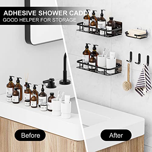 Vphom Corner Shower Caddy, Adhesive Shower Rack Organizer with Soap Dish & Hooks, No Drilling Rustproof Black Shower Shelf for Bathroom, Toilet, Kitchen-4 Pack