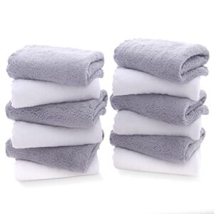 tenstars 12 pack premium washcloths set - quick drying- soft microfiber coral velvet highly absorbent wash clothes - multipurpose use as bath, spa, facial, fingertip towel (grey and white)