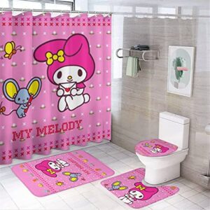 fmsnupz 4pcs anime shower curtain set, cute bathroom decor with non-slip rugs, toilet lid cover and bath mat, waterproof fabric shower curtains with 12 hooks, 70.8"x70.8"