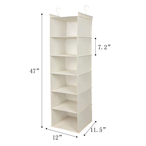 MAX Houser 6 Tier Shelf Hanging Closet Organizer, Closet Hanging Shelf with 2 Sturdy Hooks for Storage, Foldable,Grey and Beige