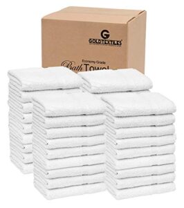 gold textiles 84 pack economy white bath towels bulk (22x44 inches) cotton blend multi-purpose hotel towel for commercial and home use –lightweight, easy care & quick drying