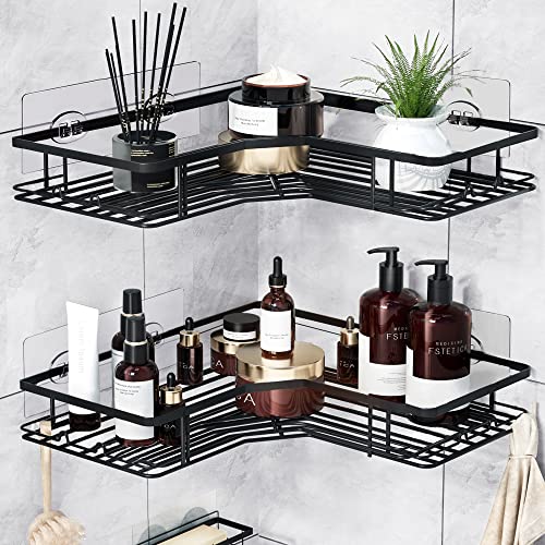 Ookeg 2 Pack Shower Caddy Corner, Corner Shower Shelf for Bathroom, 2 Tier Shower Corner Shelf with 8 Hooks, No Drilling Self Adhesive