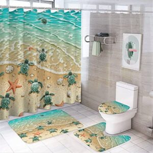 fuzhao 4 pcs sea turtle beach shower curtain sets,with non-slip rug,toilet lid cover & bath mat,durable waterproof for bathroom decor set including hooks