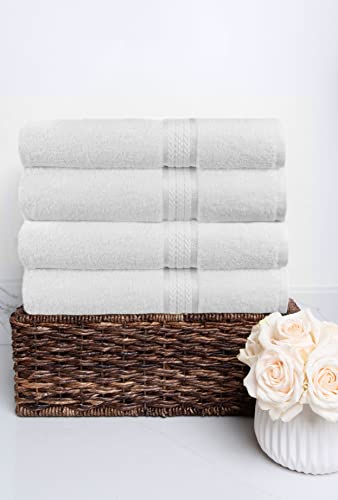 COTTON CRAFT Ultra Soft 4 Pack Oversized Extra Large Bath Towels 30x54 White Weighs 22 Ounces - 100% Pure Ringspun Cotton - Luxurious Rayon Trim - Ideal for Everyday use - Easy Care Machine wash