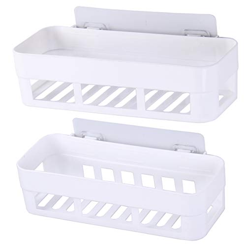 Laigoo 2 Pack Adhesive Bathroom Shelves Organizer Shower Caddy, Strong Plastic No Drilling Wall Shower Shelves Floating Shelf Vanity Organizer Basket(White)