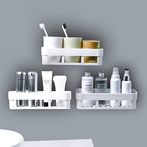 Laigoo 2 Pack Adhesive Bathroom Shelves Organizer Shower Caddy, Strong Plastic No Drilling Wall Shower Shelves Floating Shelf Vanity Organizer Basket(White)