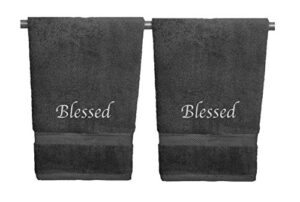 liberty21 embroidered hand towels with inspirational message: blessed (1 set of 2 hand towels) for bathroom, kitchen or spa. (dark grey)