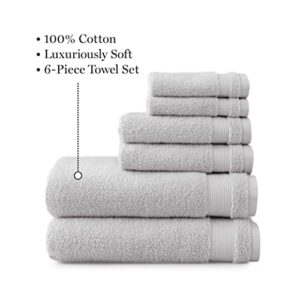 MARTHA STEWART 100% Cotton Bath Towels Set - 6 Piece Set | 2 Bath Towels - 2 Hand Towels - 2 Washcloths | Quick Dry Towels | Plush Towels | Absorbent | Ideal For Everyday Use | Light Grey Towels