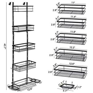 PINPON Over the Door Shower Caddy 5-tier Adjustable Hanging Shower Organizer with 8 Hooks Extra Large Metal Rustproof Bathroom Shelves Rack with 2 Detachable Soap Holder(Black)