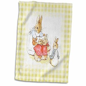 3d rose image of peter rabbit on cream checks hand towel, 15" x 22"