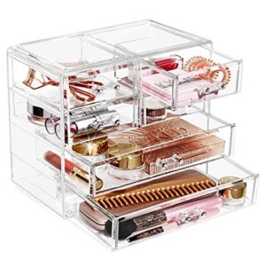 sorbus clear makeup organizer display - stylish organization and storage case for cosmetics, jewelry & hair accessories - space saving makeup organizer for vanity & bathroom (2 large, 4 small drawers)
