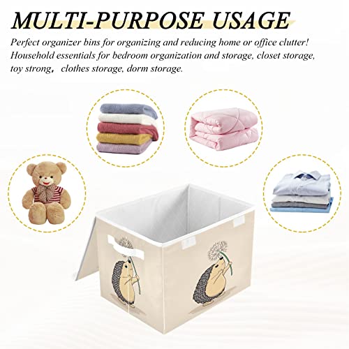 Krafig Cartoon Retro Animal Hedgehog Foldable Storage Box Large Cube Organizer Bins Containers Baskets with Lids Handles for Closet Organization, Shelves, Clothes, Toys