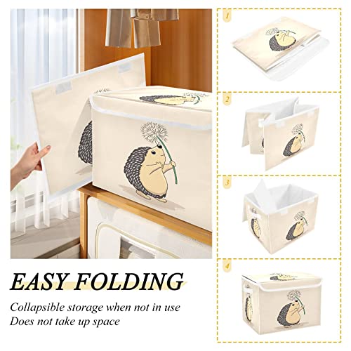 Krafig Cartoon Retro Animal Hedgehog Foldable Storage Box Large Cube Organizer Bins Containers Baskets with Lids Handles for Closet Organization, Shelves, Clothes, Toys