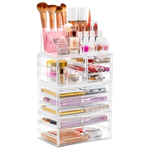 sorbus large clear makeup organizer - detachable 4-piece jewelry & make up organizers and storage set - spacious cosmetic display tower - makeup organizer for vanity, bathroom, dresser & countertop