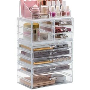 Sorbus Large Clear Makeup Organizer - Detachable 4-Piece Jewelry & Make Up Organizers and Storage Set - Spacious Cosmetic Display Tower - Makeup Organizer for Vanity, Bathroom, Dresser & Countertop