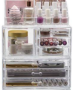 Sorbus Large Clear Makeup Organizer - Detachable 4-Piece Jewelry & Make Up Organizers and Storage Set - Spacious Cosmetic Display Tower - Makeup Organizer for Vanity, Bathroom, Dresser & Countertop