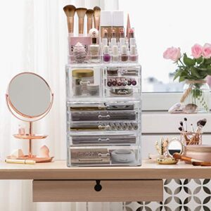 Sorbus Large Clear Makeup Organizer - Detachable 4-Piece Jewelry & Make Up Organizers and Storage Set - Spacious Cosmetic Display Tower - Makeup Organizer for Vanity, Bathroom, Dresser & Countertop