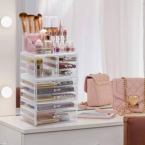 Sorbus Large Clear Makeup Organizer - Detachable 4-Piece Jewelry & Make Up Organizers and Storage Set - Spacious Cosmetic Display Tower - Makeup Organizer for Vanity, Bathroom, Dresser & Countertop