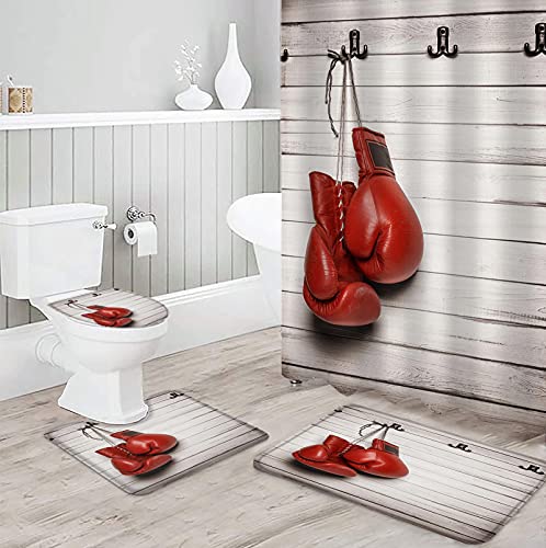 BestLives 4 Pcs Shower Curtain Sets with Rugs Red Boxing Glove Non-Slip Soft Toilet Lid Cover for Bathroom Wood Grain Barn Door Bathroom Sets with Bath Mat and 12 Hooks