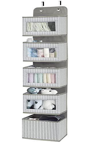 2 Pack Over The Door Hanging Organizer with 5 Large Pockets - Foldable Wall Mount Fabric Storage with Clear Window and 2 Metal Hooks for Pantry,Closet,Kitchen,Nursery,Bathroom,Dorm-49.6x12.2x5 inches