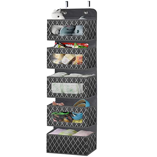 2 Pack Over The Door Hanging Organizer with 5 Large Pockets - Foldable Wall Mount Fabric Storage with Clear Window and 2 Metal Hooks for Pantry,Closet,Kitchen,Nursery,Bathroom,Dorm-49.6x12.2x5 inches