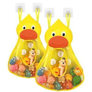 linkidea bath toy organizer, bathtub toy organizer holder, bath toy net storage holder with adhesive sticker hooks (2pcs, duck)
