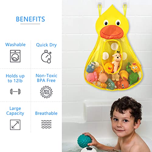 Linkidea Bath Toy Organizer, Bathtub Toy Organizer Holder, Bath Toy Net Storage Holder with Adhesive Sticker Hooks (2pcs, Duck)