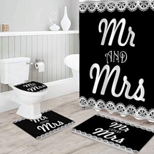 museday 4 pcs shower curtain set wedding bathroom decor sets with non-slip rugs, toilet lid cover & bath mat waterproof curtains for bathroom, lace pattern with words mr and mrs