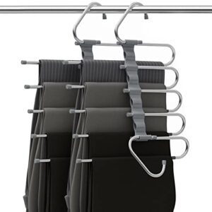 techmilly magic pants hangers space saving with clips, 2 pack non-slip closet organizer hanger, multi use 5 in 1 pants rack hanger for jeans, trousers, leggings (gray)