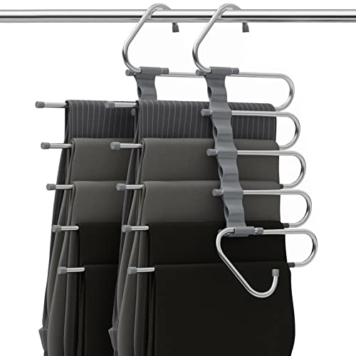 TECHMILLY Magic Pants Hangers Space Saving with Clips, 2 Pack Non-Slip Closet Organizer Hanger, Multi Use 5 in 1 Pants Rack Hanger for Jeans, Trousers, Leggings (Gray)