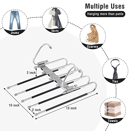 TECHMILLY Magic Pants Hangers Space Saving with Clips, 2 Pack Non-Slip Closet Organizer Hanger, Multi Use 5 in 1 Pants Rack Hanger for Jeans, Trousers, Leggings (Gray)