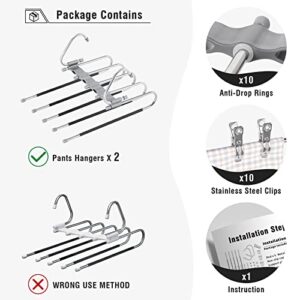 TECHMILLY Magic Pants Hangers Space Saving with Clips, 2 Pack Non-Slip Closet Organizer Hanger, Multi Use 5 in 1 Pants Rack Hanger for Jeans, Trousers, Leggings (Gray)